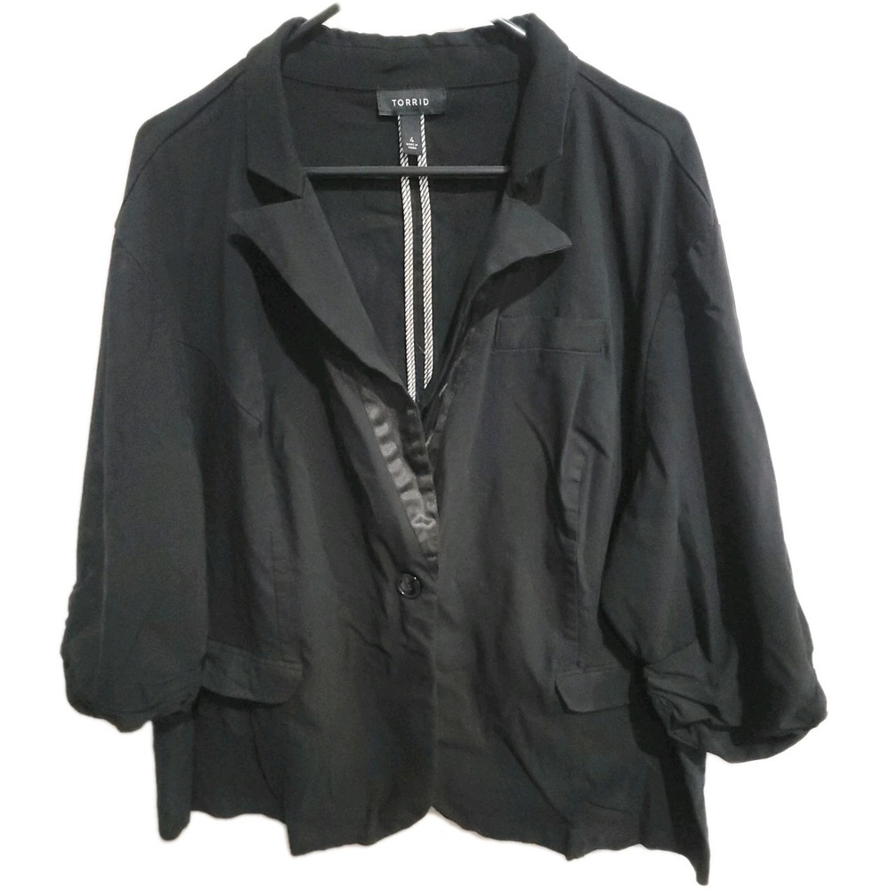 Torrid Blazer 4 Black Ruched 3/4 Sleeve One Button Notch Lapel Stretch Plus Size